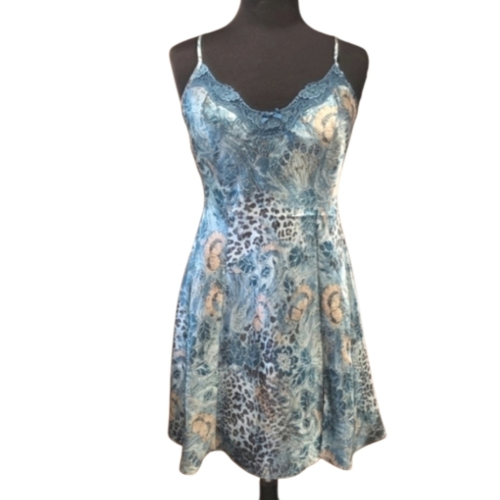 Vintage Fairy Delicates S Blue Lace Chemise Leopard & Floral Coquette Slip Dress